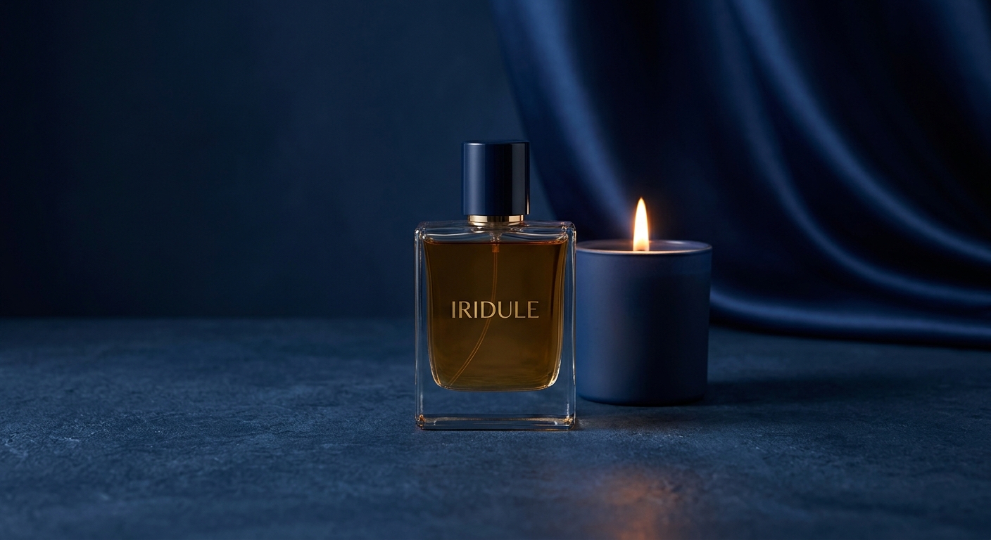 Minimalist Iridule perfume bottle against deep blue textures